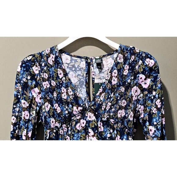 Wild Fable Keyhole Back Navy Blue & Floral Long Sleeve Mini Dress -- Size Small - Picture 3 of 8
